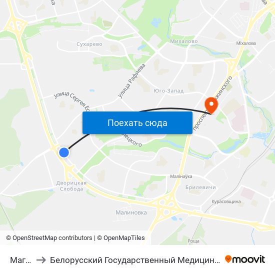 Магазін to Белорусский Государственный Медицинский Университет map