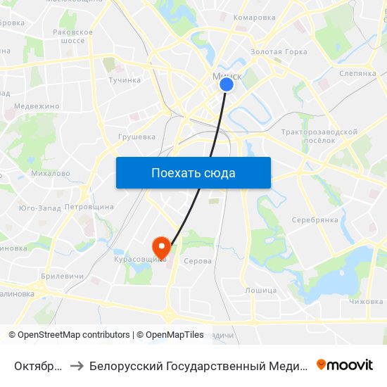 Октябрьская to Белорусский Государственный Медицинский Колледж map