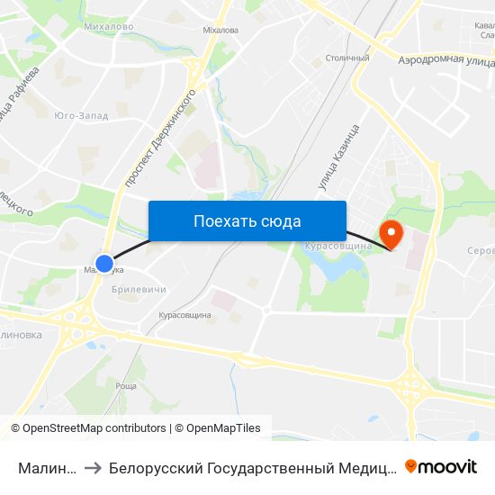 Малиновка to Белорусский Государственный Медицинский Колледж map