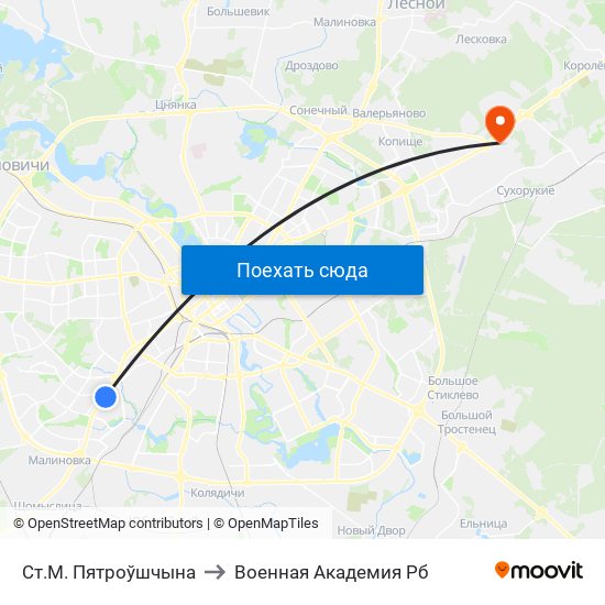 Ст.М. Пятроўшчына to Военная Академия Рб map