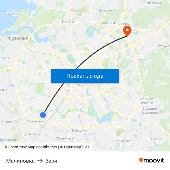 Малиновка to Заря map