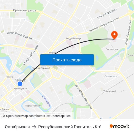 Октябрьская to Республиканский Госпиталь Кгб map