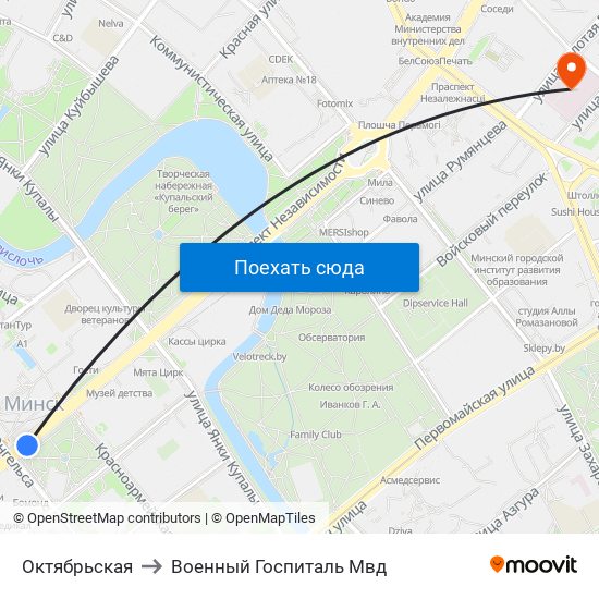 Октябрьская to Военный Госпиталь Мвд map