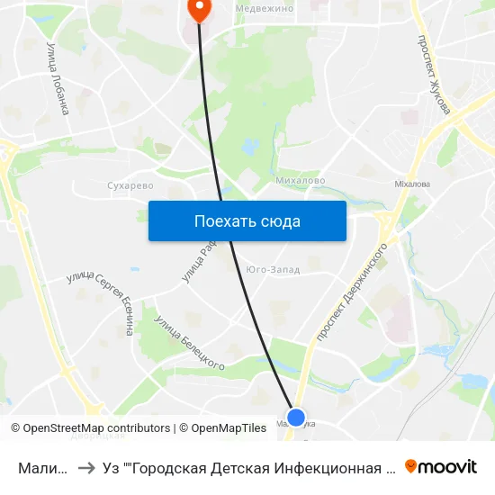 Малиновка to Уз ""Городская Детская Инфекционная Клиническая Больница"" map