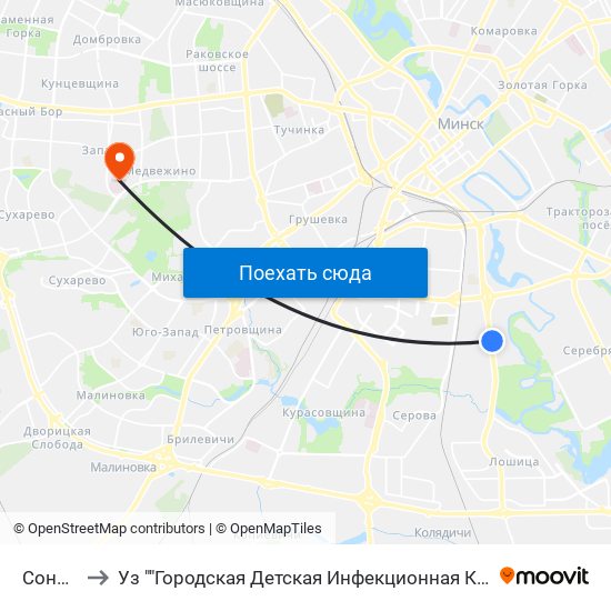 Сонечная to Уз ""Городская Детская Инфекционная Клиническая Больница"" map