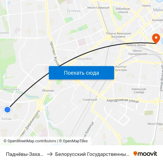 Паднёвы-Захад-1 (Юго-Запад-1) to Белорусский Государственный Технологический Университет map