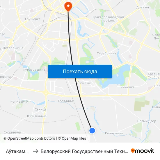 Аўтакамбінат №5 to Белорусский Государственный Технологический Университет map