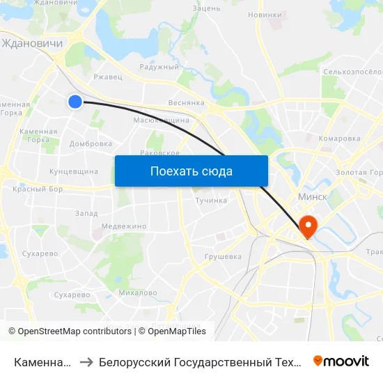 Каменная Горка-3 to Белорусский Государственный Технологический Университет map