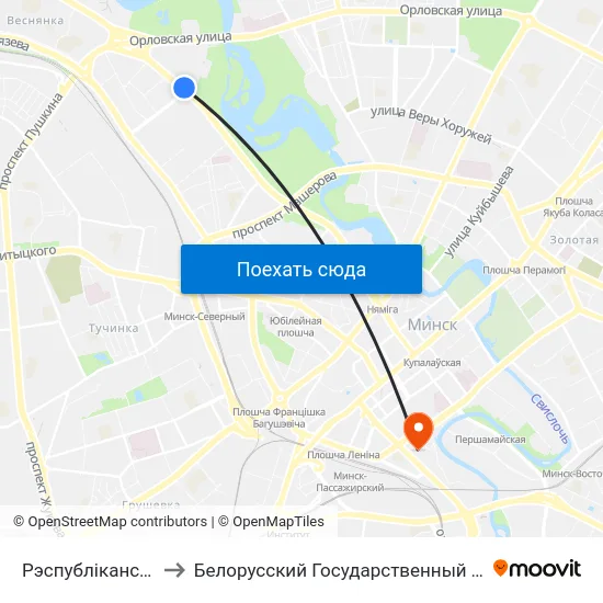 Рэспубліканскі Цэнтр Тэніса to Белорусский Государственный Технологический Университет map