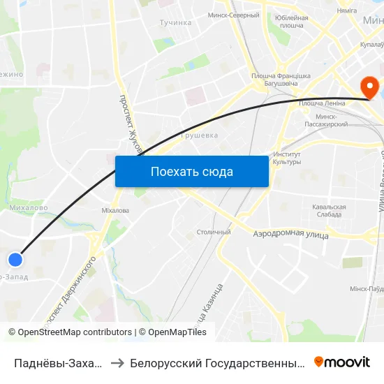Паднёвы-Захад-1 (Юго-Запад-1) to Белорусский Государственный Технологический Университет map