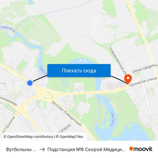 Футбольны Манеж to Подстанция №8 Скорой Медицинской Помощи map