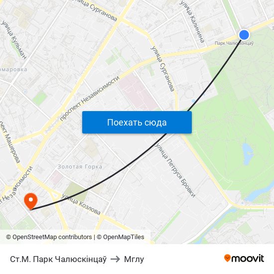 Ст.М. Парк Чалюскінцаў to Мглу map