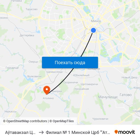 Аўтавакзал Цэнтральны to Филиал № 1 Минской Црб ""Атолинская Больница"" map