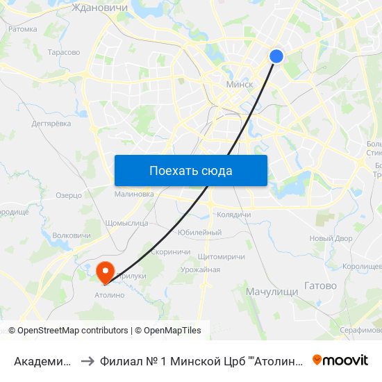 Академия Наук to Филиал № 1 Минской Црб ""Атолинская Больница"" map
