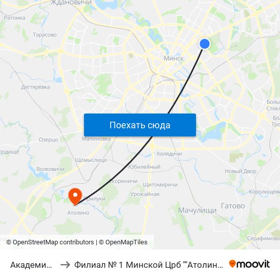 Академическая to Филиал № 1 Минской Црб ""Атолинская Больница"" map