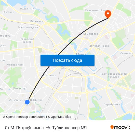 Ст.М. Пятроўшчына to Тубдиспансер №1 map