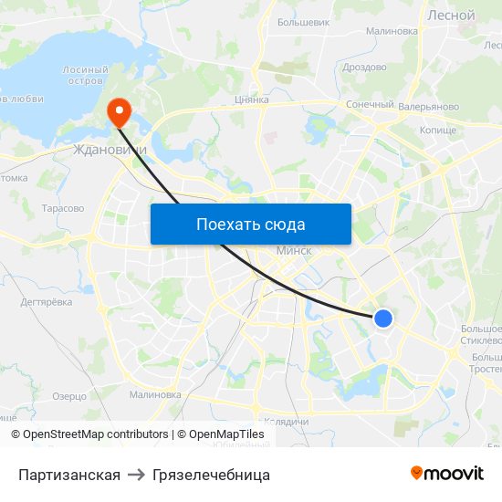 Партизанская to Грязелечебница map