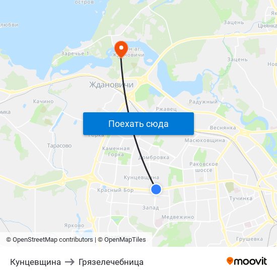 Кунцевщина to Грязелечебница map