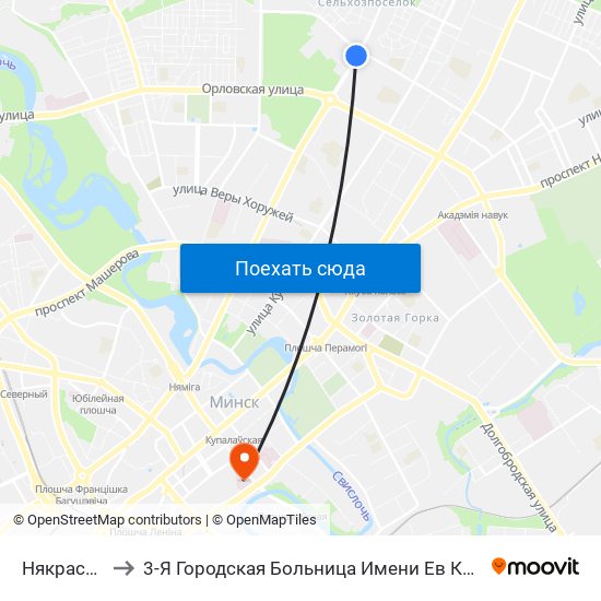 Някрасава to 3-Я Городская Больница Имени Ев Клумова map