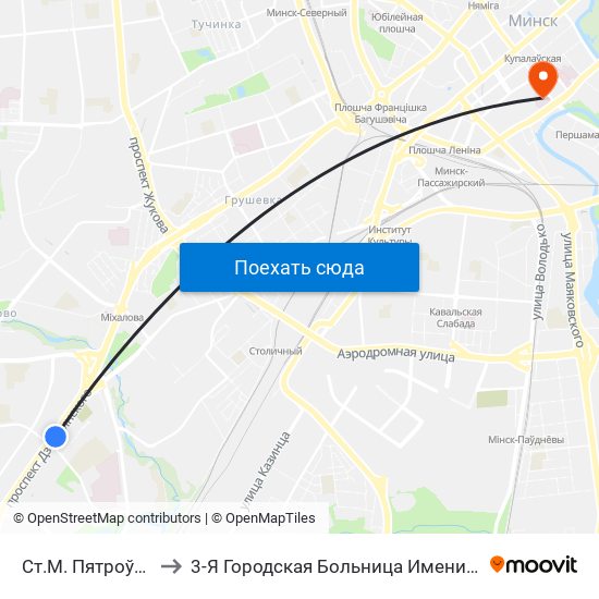 Ст.М. Пятроўшчына to 3-Я Городская Больница Имени Ев Клумова map