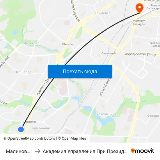Малиновка-9 to Академия Управления При Президенте Рб map