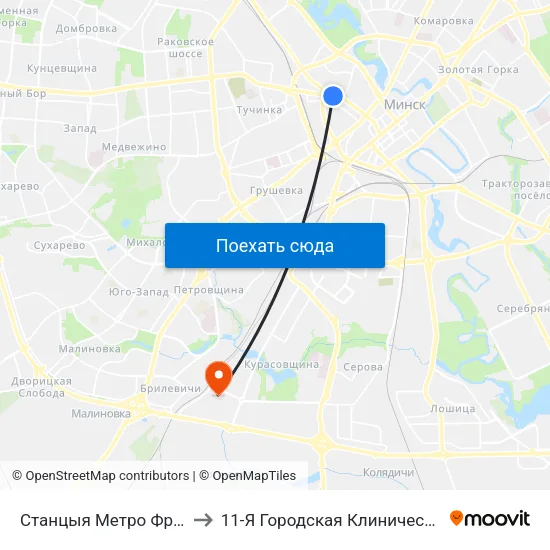 Станцыя Метро Фрунзенская to 11-Я Городская Клиническая Больница map