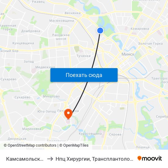 Камсамольскае Возера to Нпц Хирургии, Трансплантологии И Гематологии map