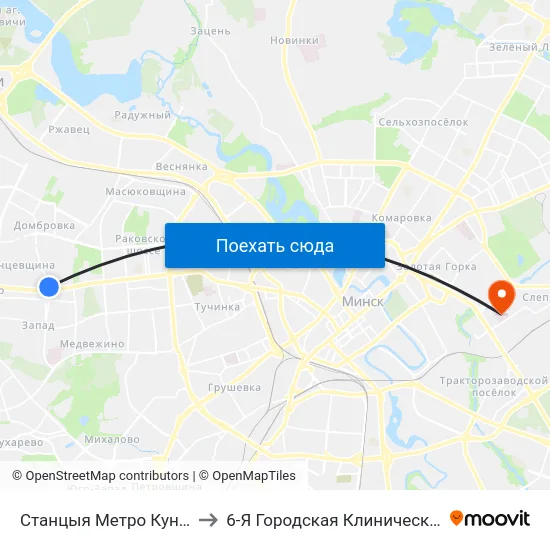 Станцыя Метро Кунцаўшчына to 6-Я Городская Клиническая Больница map