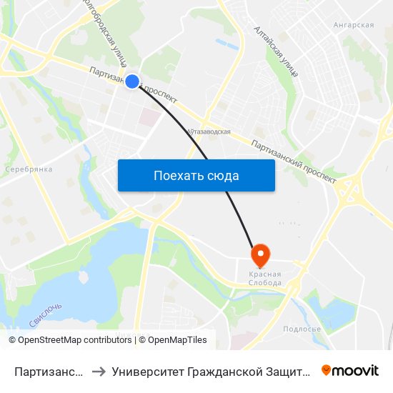 Партизанская to Университет Гражданской Защиты Мчс map