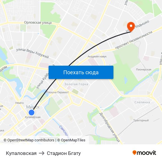 Купаловская to Стадион Бгату map