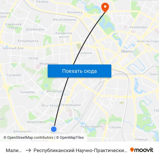 Малиновка to Республиканский Научно-Практический Центр „Мать И Дитя“ map