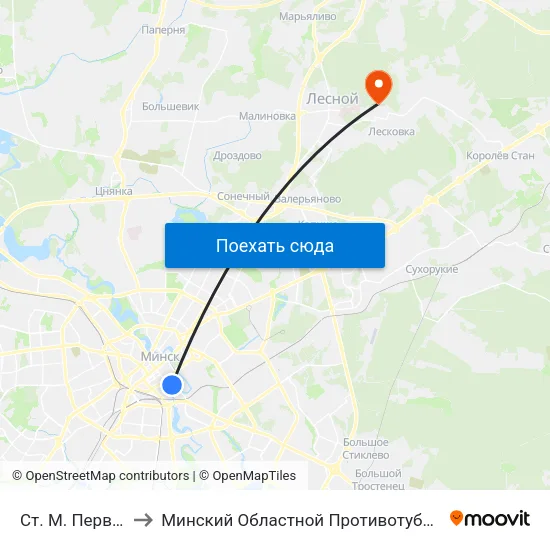 Ст. М. Первомайская to Минский Областной Противотуберкулезный Диспансер map