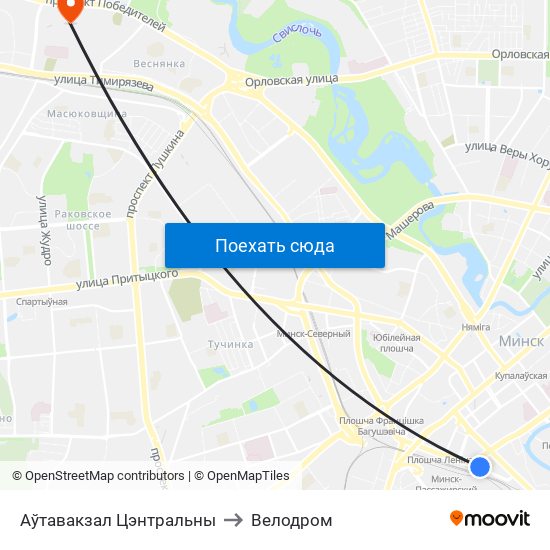 Аўтавакзал Цэнтральны to Велодром map