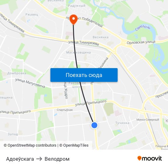 Адоеўскага to Велодром map
