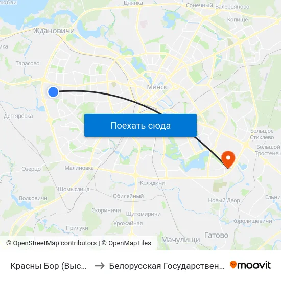 Красны Бор (Высадка Пасажыраў) to Белорусская Государственная Академия Авиации map
