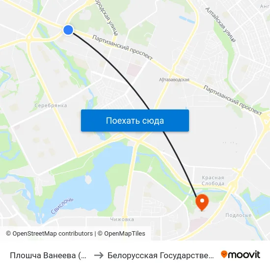 Плошча Ванеева (Площадь Ванеева) to Белорусская Государственная Академия Авиации map