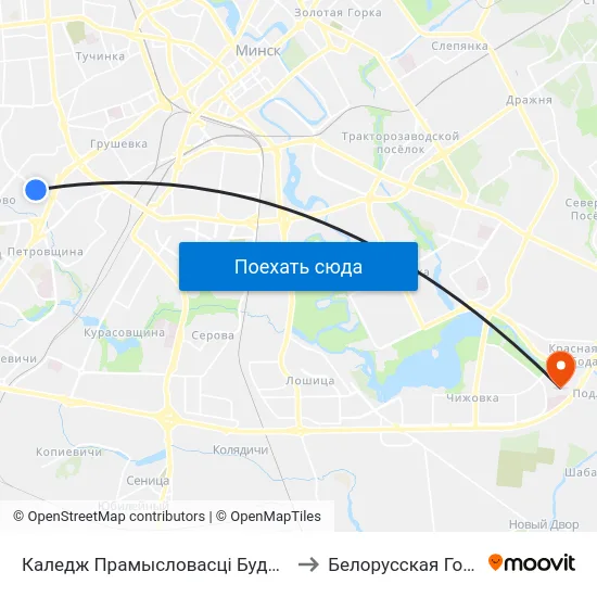 Каледж Прамысловасці Будматэрыялаў (Колледж Промышленности Стройматериалов) to Белорусская Государственная Академия Авиации map