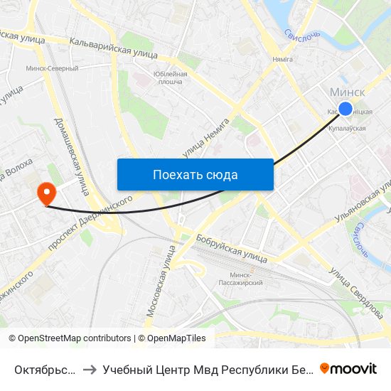 Октябрьская to Учебный Центр Мвд Республики Беларусь map