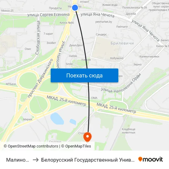 Малиновка to Белорусский Государственный Университет map