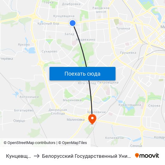 Кунцевщина to Белорусский Государственный Университет map