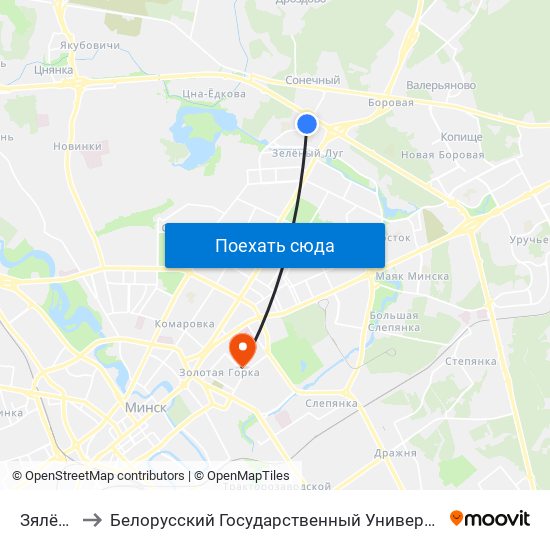 Зялёны Луг-6 to Белорусский Государственный Университет Информатики И Радиоэлектроники map
