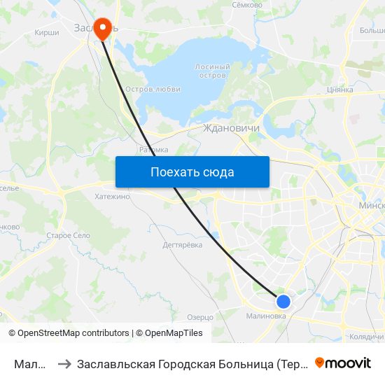 Малиновка to Заславльская Городская Больница (Терапевтическое Отделение №2) map