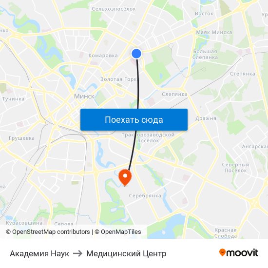 Академия Наук to Медицинский Центр map