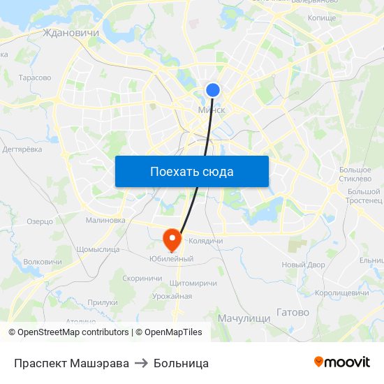 Праспект Машэрава to Больница map