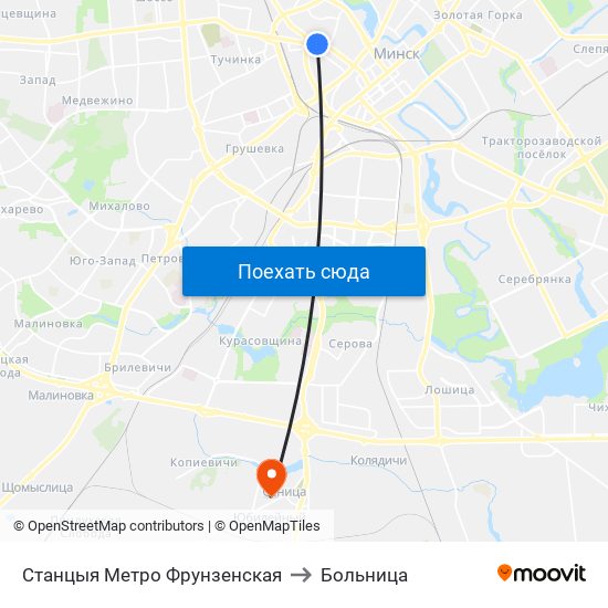 Станцыя Метро Фрунзенская to Больница map