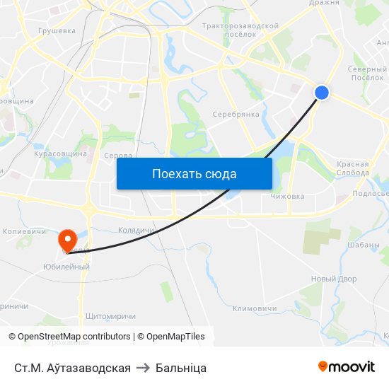 Ст.М. Аўтазаводская to Бальніца map