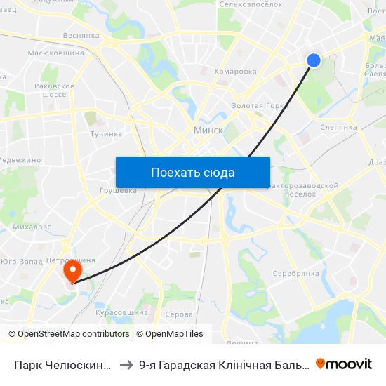 Парк Челюскинцев to 9-я Гарадская Клінічная Бальніца map