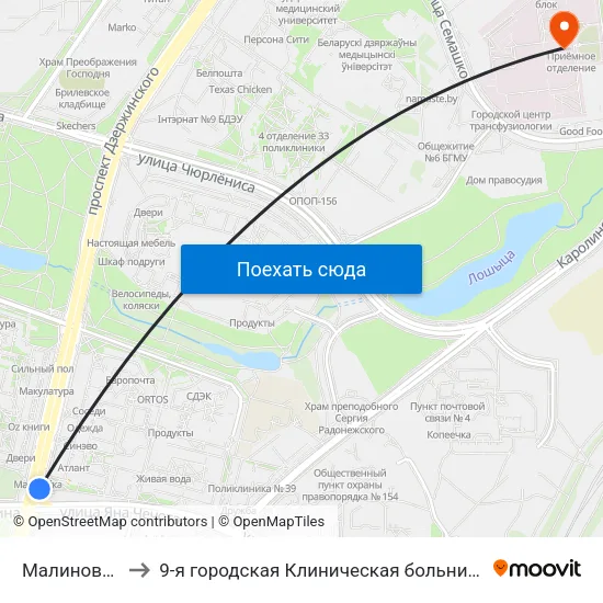 Малиновка to 9-я городская Клиническая больница map