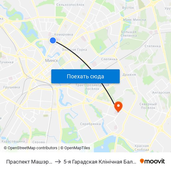 Праспект Машэрава to 5-я Гарадская Клінічная Бальніца map