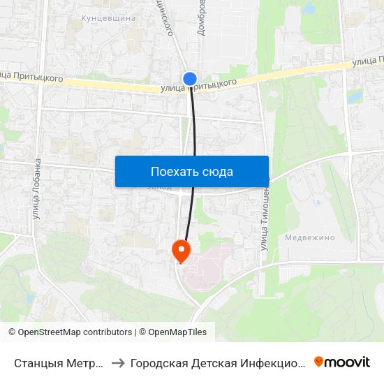 Станцыя Метро Кунцаўшчына to Городская Детская Инфекционная Клиническая больница map